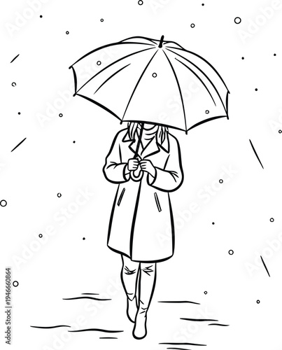 Woman walking in the rain with a large umbrella on a stormy day outside alone