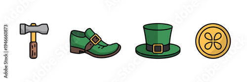Minimalist leprechaun accessories icon pack – Suitable for app design, holiday stickers, or seasonal promotions.