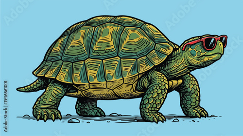 Cool Tortoise Wearing Sunglasses on a Light Blue Background.