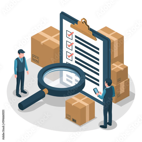 Two men with clipboard and checklist boxes around them are inspecting and checking inventory list