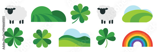 Green hills and sheep vector icon sheet – Suitable for farming infographics, holiday crafts, or web.