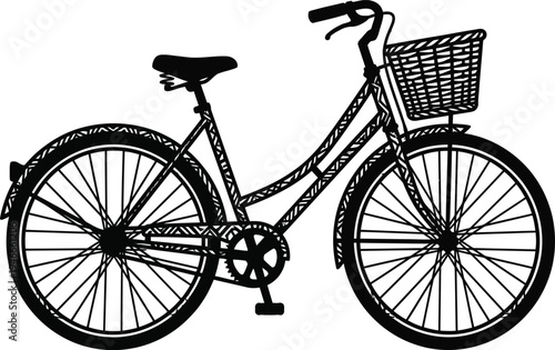 Classic city bicycle with front basket and intricate pattern design minimalist monochrome vector art