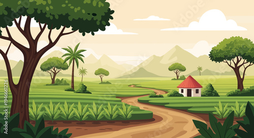 African savanna landscape with traditional house, trees and mountains