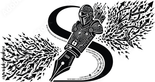 Futuristic fountain pen featuring robotic knight armor and flowing digital data arrows vector concept