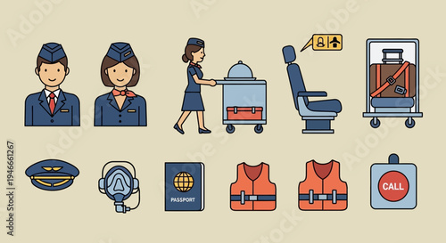 Airplane Service Icons: Crew, Seat, Luggage, Safety Equipment