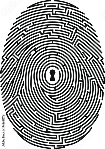 Biometric fingerprint scanner shaped like a complex maze with center keyhole cyber security vector illustration