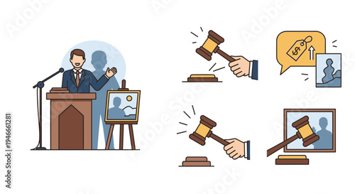 Art Auction Icons: Gavel, Painting, Speaker, Price Tag, Bidding