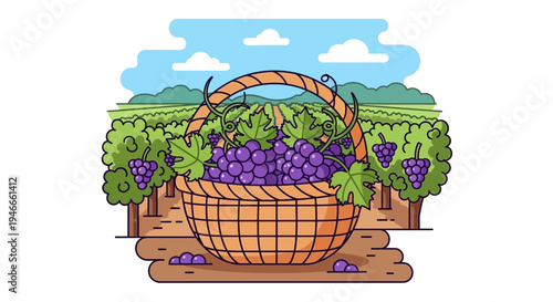 Basket of Fresh Grapes in Vineyard Landscape, Autumn Harvest