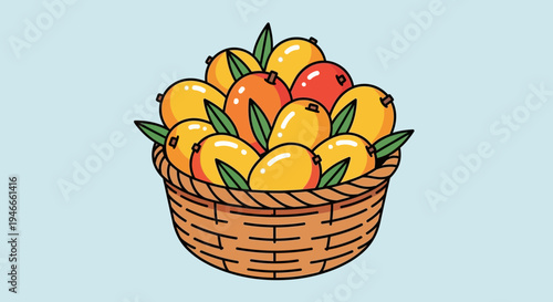Basket of Fresh Ripe Mangoes with Green Leaves on Light Blue Background