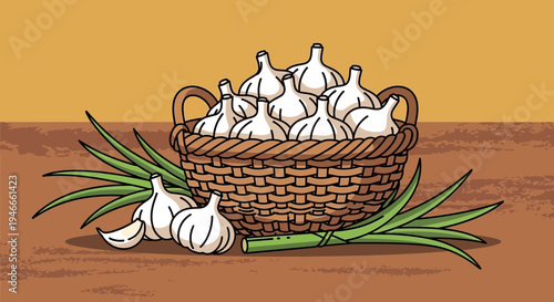 Basket of Fresh Garlic Bulbs with Green Stalks
