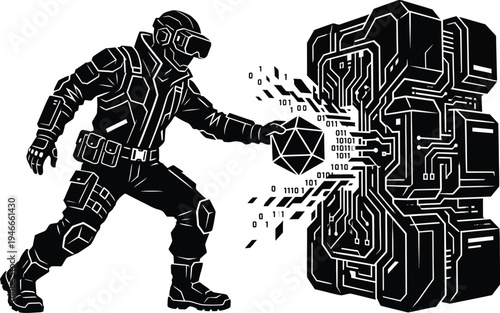 Man wearing VR headset exploring virtual reality metaverse and digital data world vector art