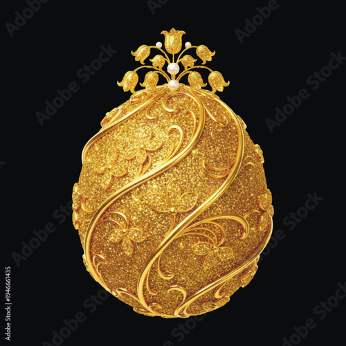 Beautiful 3D golden Easter egg in Faberge style with floral vine ornaments, lily of the valley topper and pearls. Luxury jewelry egg with glitter texture isolated on black background.