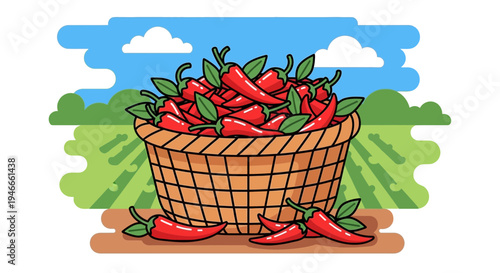 Basket of Red Chili Peppers in Field - Fresh Harvest Illustration