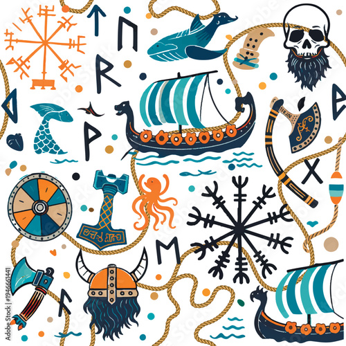Viking seamless pattern with drakkar ships, runes, ropes and norse mythology symbols. Hand drawn flat illustration featuring Thors hammer, axe, shield, and sea monsters on white background.