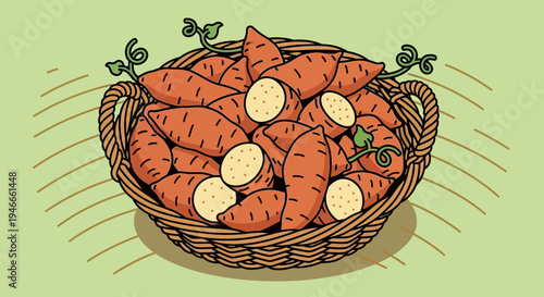 Basket of Fresh Sweet Potatoes, Healthy Root Vegetable Harvest Illustration