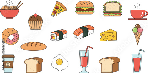 Fast Food and Bakery Icon Set with Burger, Pizza Slice, Sushi Rolls, Bread, Cheese, Donut, Coffee, Ice Cream, and Dessert Snacks Illustration