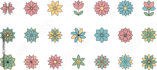 Collection of stylized flowers in pastel colors and outline floral bloom petal
