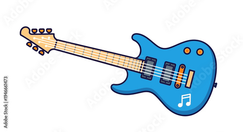 Blue Electric Guitar with Musical Note Icon on White Background