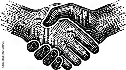 Digital handshake concept with electronic circuit pattern representing technology partnership vector