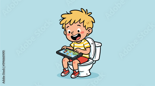 Cute Cartoon Boy Sitting on Toilet Playing on Tablet Device.