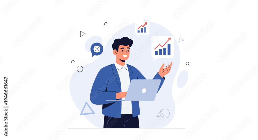Fototapeta premium Man with laptop and business growth charts, digital marketing, analytics, success concept