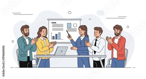 Business meeting success: team applauds presenter at whiteboard with charts