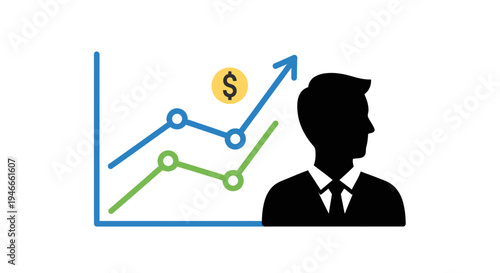 Business Growth and Success Icon: Man Silhouette with Upward Trend Graph and Dollar Coin