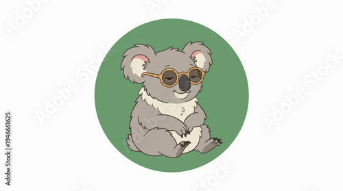 Cute cartoon koala wearing glasses sitting on a green circle.