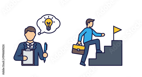 Business Idea and Career Growth Concept: Man with Clipboard & Lightbulb, Man Climbing Stairs