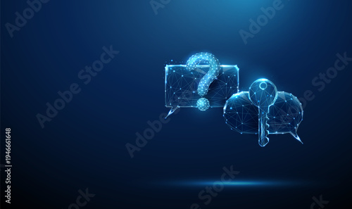 3d blue speech bubbles with question mark and digital key. Access inquiry, solution discovery, secure communication, password recovery request, problem solving conversation concept.
