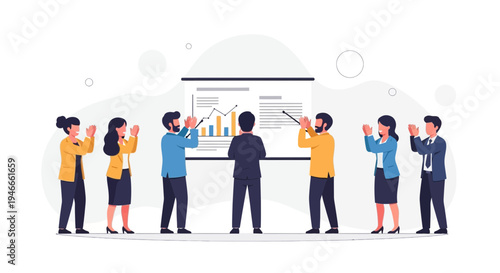 Business team applauding success in front of a financial chart on a projector screen.