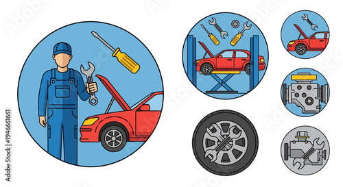 Car Mechanic with Tools and Engine Parts, Auto Repair Service Icon Set