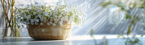 Beautiful white flowers in a wicker basket on a wooden floor in sunlight