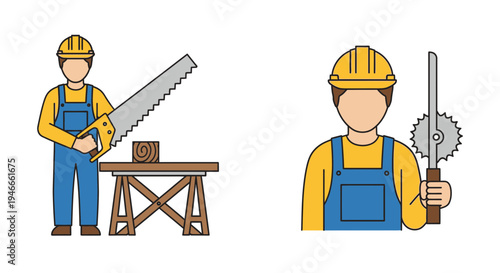 Carpenter with Saw and Tools, Construction Worker Icon