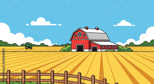 Cartoon Barn and Tractor on Golden Field, Blue Sky with Clouds, Rural Landscape