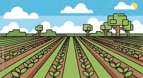 Cartoon Farm Field with Growing Plants, Trees, and Blue Sky