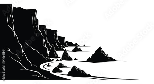A dramatic black and white illustration of a rocky coastline
