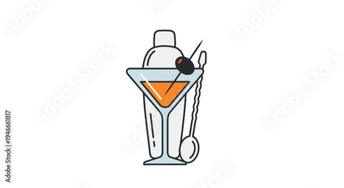 Cocktail shaker and martini glass with olive, flat design illustration