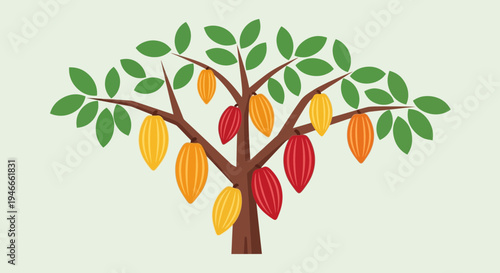 Cocoa Tree with Ripe Cacao Pods: Yellow, Orange, and Red Fruit