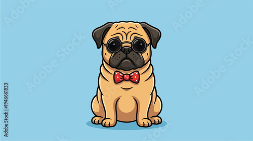 Cute Pug Dog Wearing a Red Bow Tie Sitting on a Blue Background.