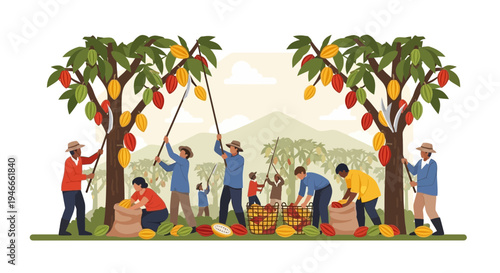 Cocoa Farming Harvest: Diverse Farmers Gathering Cacao Pods from Trees