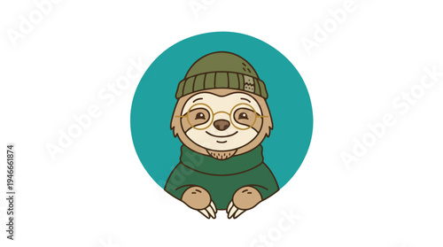 Cute Sloth Wearing a Beanie and Scarf Illustration.