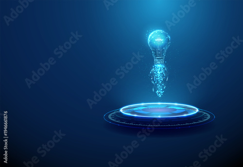3d blue light bulb launching from futuristic podium. Technology launch, breakthrough concept, visionary thinking, knowledge dissemination, smart solutions concept.