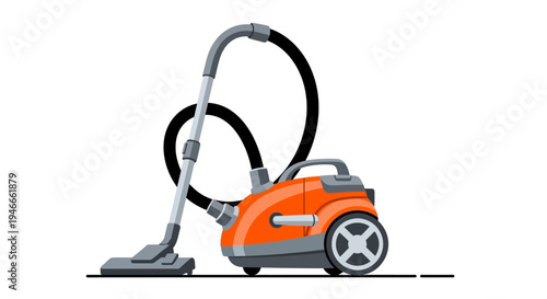 An orange vacuum cleaner with a black hose and nozzle on a white background