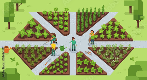 Community Garden Design with People Working and Growing Vegetables