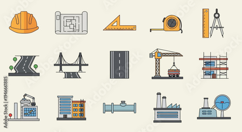 Construction and Engineering Icons: Safety Helmet, Blueprint, Tools, Bridge, Crane, Building