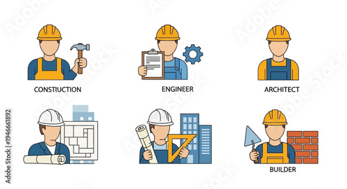 Construction Industry Professionals Icons: Architect, Engineer, Builder