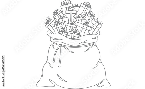 A large bag filled with many wrapped presents and bows on top