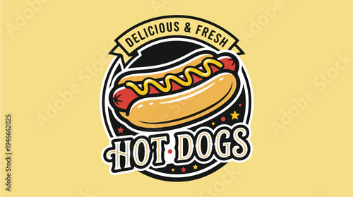 Delicious Hot Dog Emblem with Mustard and Ketchup.