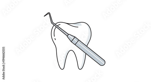 Dental Probe Tool on White Tooth Outline Icon, Minimalist Healthcare Symbol